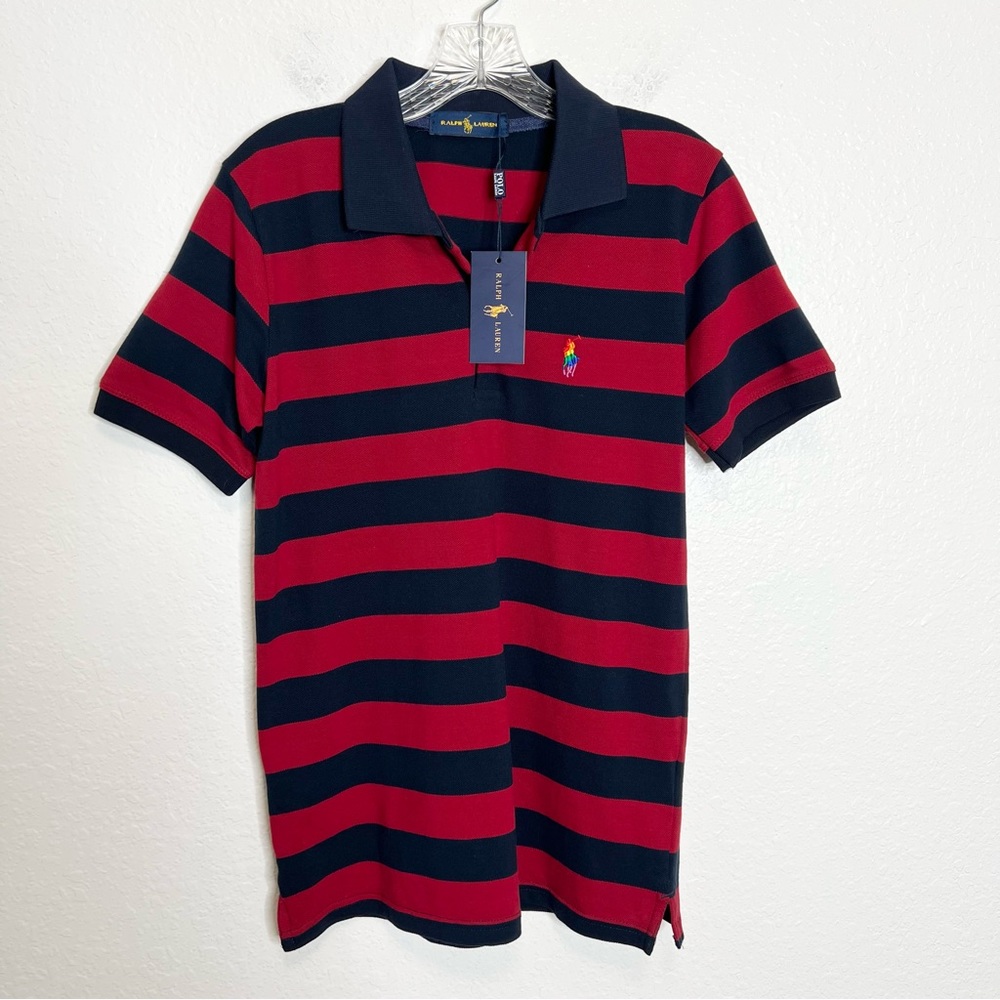 Polo Ralph Lauren Men Medium  Red Blue Polo Rainbow Horse Rare Shirt Top  Stripe